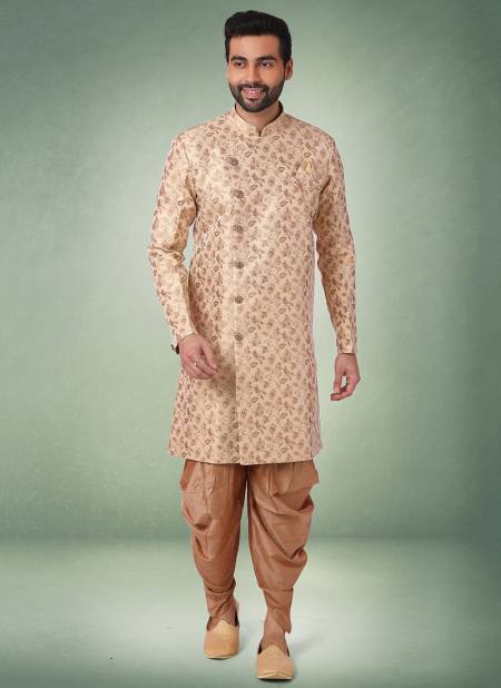 Beige Colour New Exclusive Wedding Wear Jacquard Banarasi Brocade Indo Western Mens Collection 1092